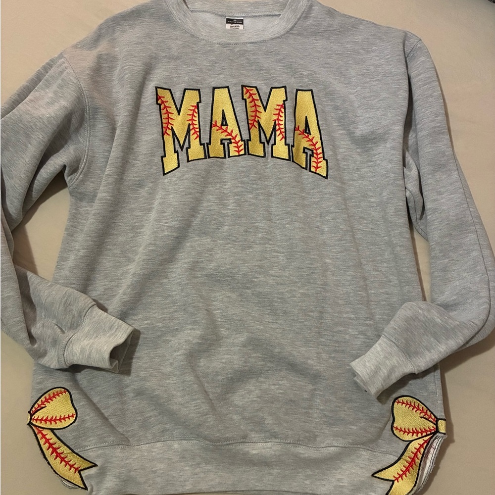 MAMA Soft Gray Sweatshirt with Yellow Baseball Appliqué